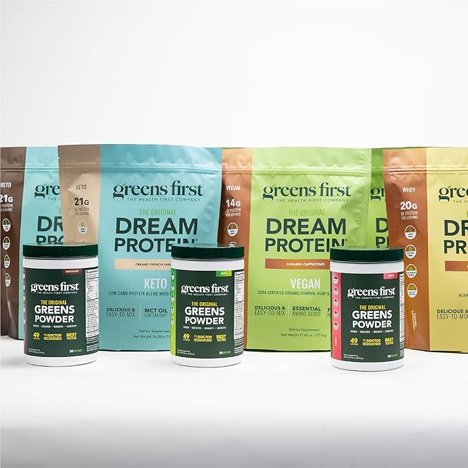 Greens First Dream Protein Powder Keto - 21g Protein Per Serving - Low Carb - with MCT Oil &amp Collagen - Non-GMO Gluten-Free Caffeine-Free (Rich Dutch Chocolate 29.31 oz)