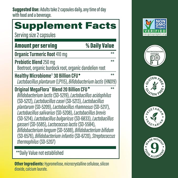 MegaFood MegaFlora Probiotics + Prebiotics Turmeric Supplement - Prebiotics and Probiotics for Women and Men Digestive Health 50 Billion CFUs 14 Strains - 90 Capsules (45 Servings)