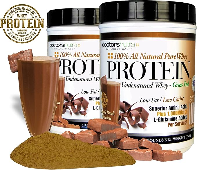 Pure 100 Percent - Undenatured Grass Fed Whey Protein Low Carb Low Fat Double Dutch Chocolate Flavor Natural Ultrafiltered Plus 1000 Milligrams L-Glutamine