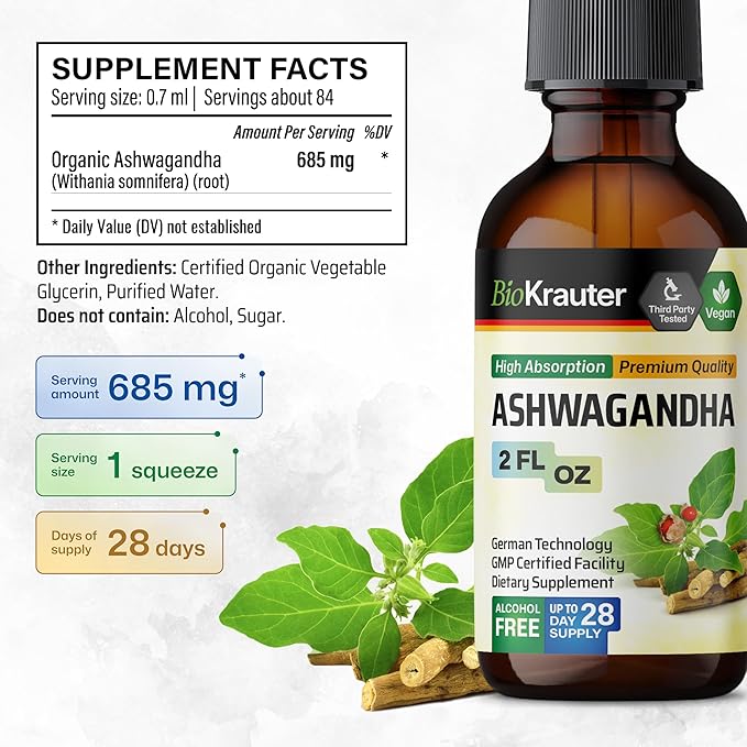 BIO KRAUTER® Ashwagandha Supplements - Liquid Drops Pure Vegan Ashwagandha for Women &amp Men 685 mg per Serving 2 Fl.Oz 28-Day Supply - Used for Mood Magic &amp Relaxation Support - Alcohol &amp S