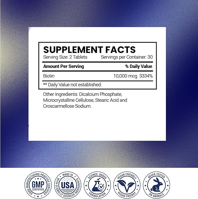 Research Verified Biotin – Pure Extra Strength Biotin 10000mcg – Hair Skin and Nails Vitamin – Third-Party Tested Made in USA – 60 Vegan Tablets