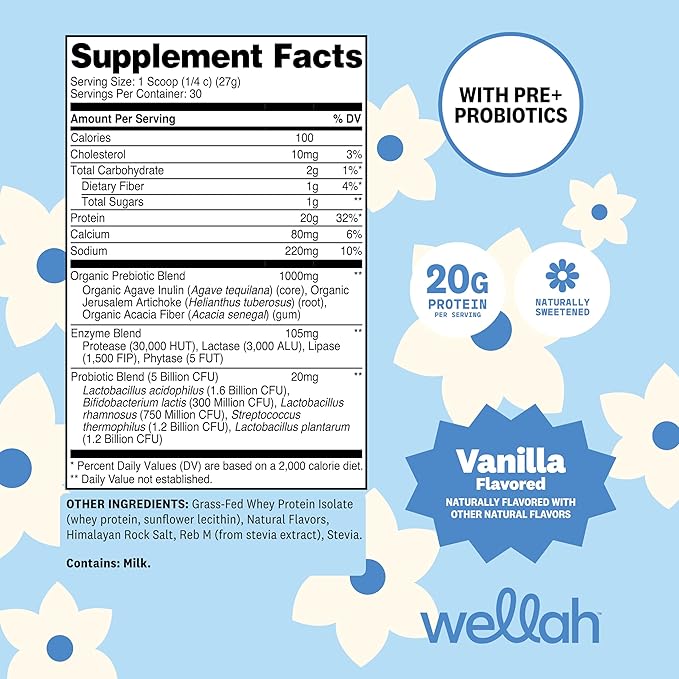 Wellah Grass-Fed Whey Protein Isolate Powder (Vanilla) 30 Servings - with Prebiotics Enzymes &amp Probiotics 20g of Protein 100 Calories Naturally Sweetened