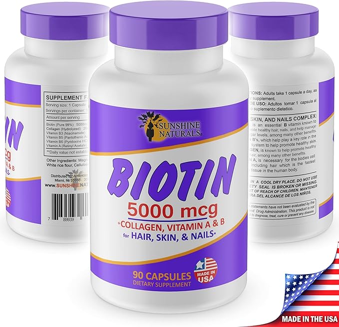 Sunshine Naturals Biotin Dietary Supplement. Supports Healthier Skin Thicker Stronger and Faster Hair and Nail Growth. Enriched with Collagen Vitamin A and B for Hair Loss. 5000 mcg. 90 Capsules.