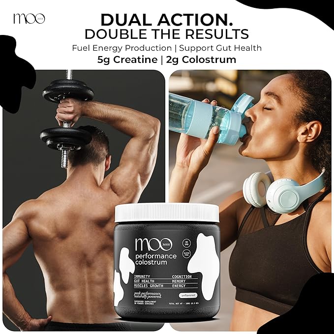 Moo Juice Colostrum Powder with Creatine Monohydrate | 2000mg Grass-Fed Bovine Colostrum + 5000mg Creatine | Bloat-Free Performance Combo | Unflavoured 6.3oz