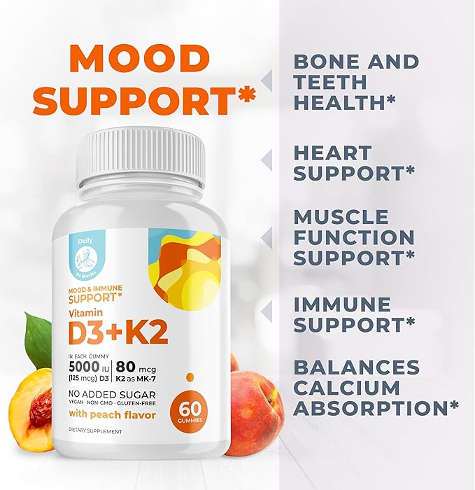 DR. MORITZ Vitamin D3 Gummies (5000 IU) with K2 - for Adults and Kids - Vitamin D3 K2 Gummies for Immune Support &amp Bone Health - Vegan Sugar Free Gluten Free (60 Count)