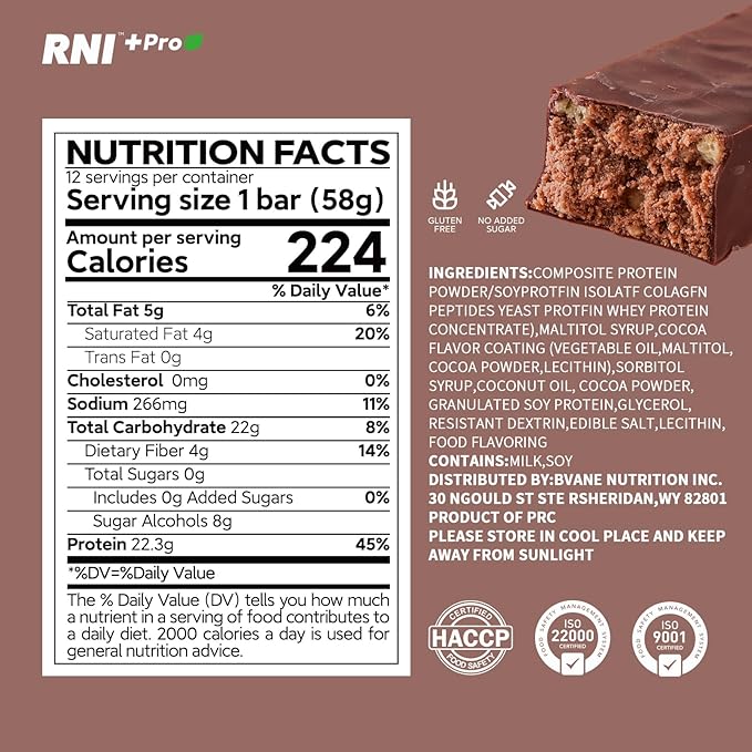 RNI Brownie Chocolate Protein Bars with Protein Crisp 22.3g Protein 0g Sugar High Fiber Gluten Free 2.05 ounce (Pack of 12)