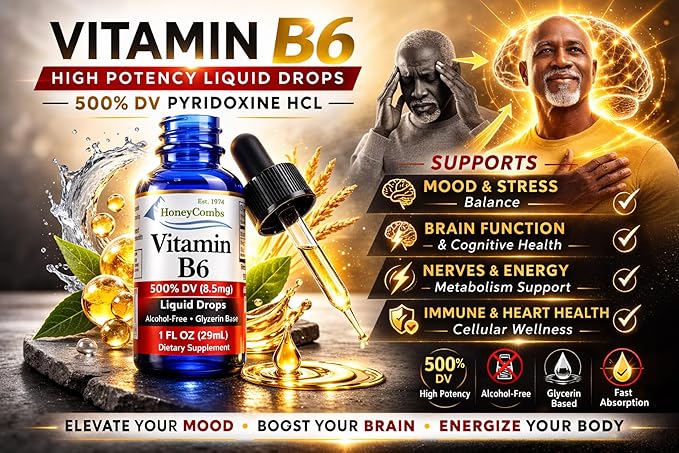 HoneyCombs Vitamin B6 Liquid Drops 500% DV Pyridoxine HCI B6 Supplement Alcohol Free Fast Absorbing B6 Vitamins for Energy Brain &amp Immune Support Made in the USA
