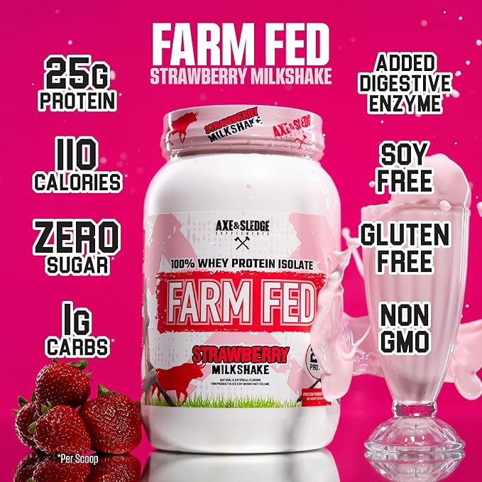 Axe &amp Sledge Farm Fed 100% Whey Protein Isolate | 25g Protein | Low Carb Low Sugar Gluten Free | Protein Powder for Men and Women | Keto | Made in the USA | 28 Servings Strawberry Milkshake