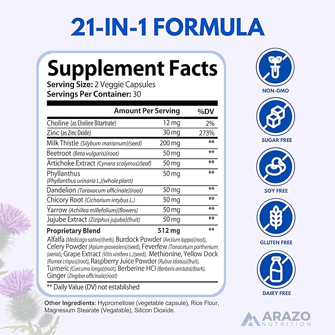 Arazo Nutrition Liver Cleanse Detox &amp Repair Formula – Milk Thistle Herbal Support Supplement: Silymarin Beet Artichoke Dandelion Chicory Root