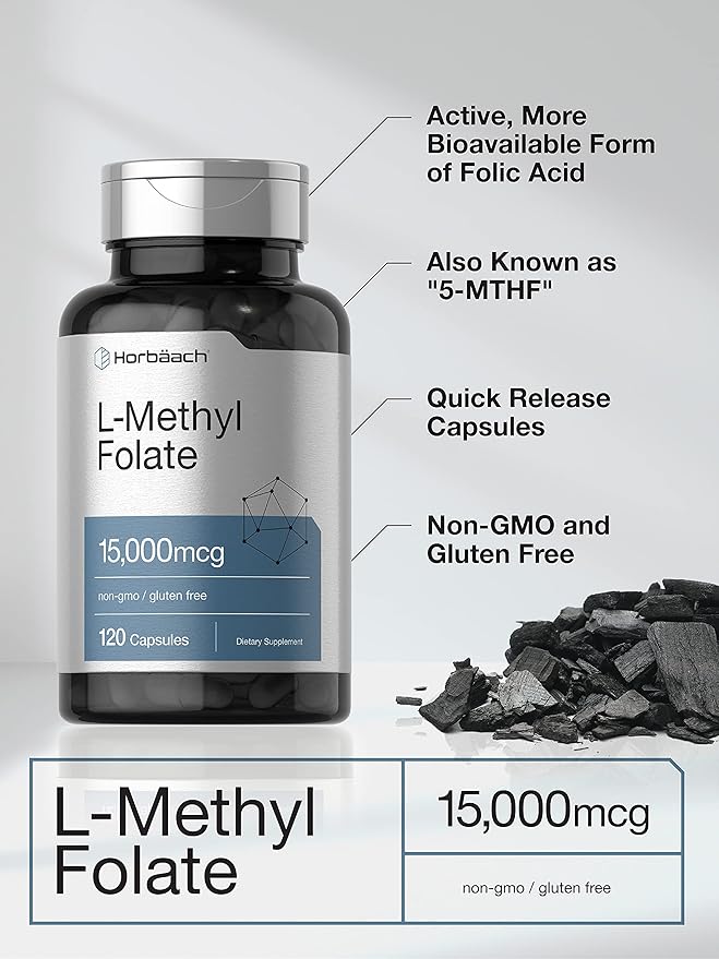Horbäach L Methylfolate 15000 mcg | 120 Capsules | 15mg Methyl Folate | 5-MTHF | Non-GMO Gluten Free Supplement