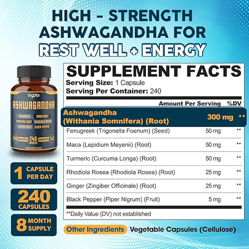 240 Capsules - 8 Month Supply - 7in1 with Fenugreek Maca Turmeric Rhodiola Ginger and Black Pepper - Mood Strength Spirit and Energy Support Supplement