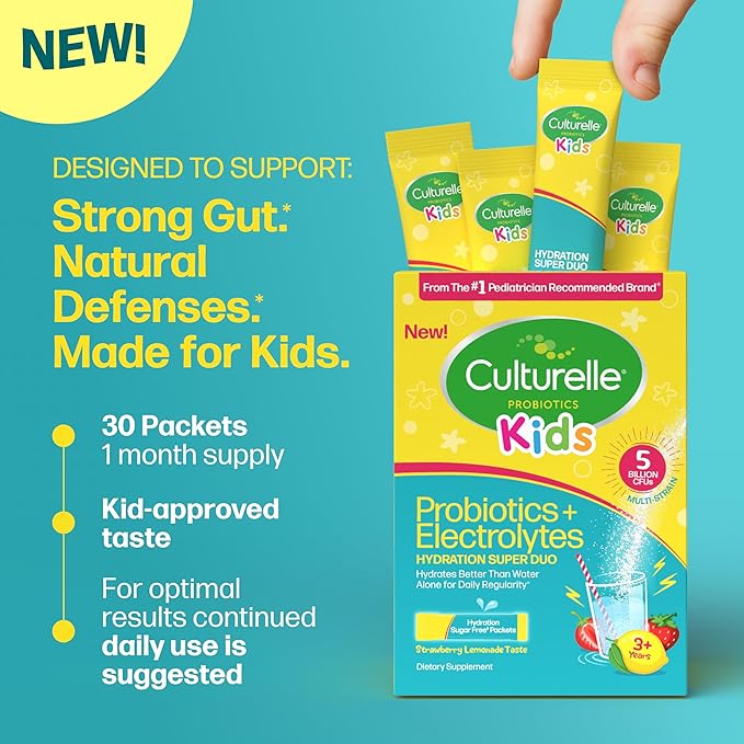 Culturelle® Kids Probiotics and Electrolytes Hydration Super Duo Strawberry Lemonade Sugar Free‡ Powder Packets for Immune and Digestive Support 30 Count