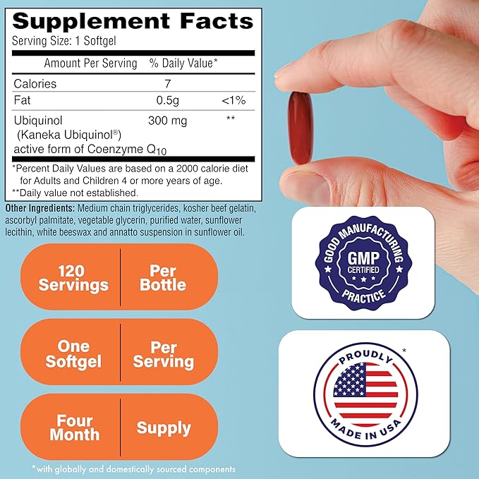 Health Thru Nutrition Ubiquinol 300mg 120 Softgels as Kaneka QH Reduced CoQ-10 | Stabilized - 3rd Party Tested | Enhanced Bioavailability | Cardiovascular &amp Mitochondria Function Support | Non-GMO