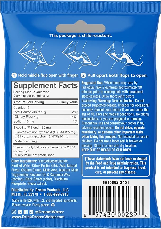 Dream Water Sleep Aid Melatonin Gummies with GABA &amp 5-HTP Naturally Flavored Sleep Gummies Snoozeberry Flavor - 6ct Pouches x 12pack