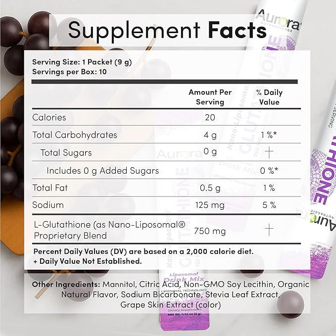 Aurora Nutrascience Nano-Liposomal Glutathione Grape Powdered Drink Mix Immune &amp Antioxidant Gut Health Support Supplement 750 mg per Serving Non-GMO Sugar-Free 10 Single Serve Packets