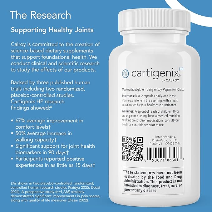 Calroy Cartigenix HP Joint &amp Cartilage Support Supplement - for Men and Women - Supports Flexibility Mobility &amp Comfort – 60 Vegan Capsules