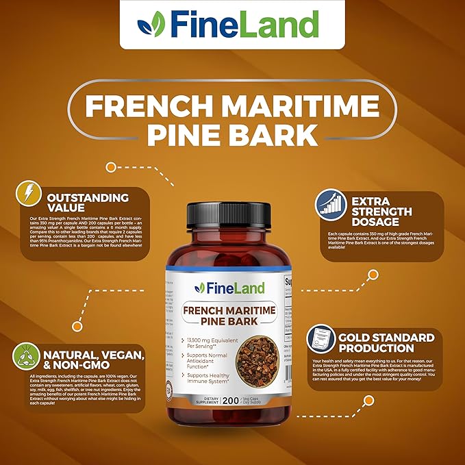 FineLand French Maritime Pine Bark 30:1 Extract Max Strength 450 mg Per Capsule Antioxidant 200 Veggie Caps of Pine Bark Supplement for 200 Days 100% Natural