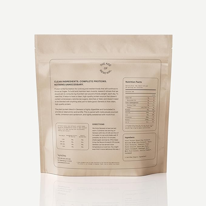 Synchro Genesis Plant Based Protein Powder | Vanilla Spice | 30g of Organic Protein Per Serving | &lt1g Sugar | 1g Net Carbs | No Stevia | Superfoods + Prebiotics | Vegan + Keto Friendly
