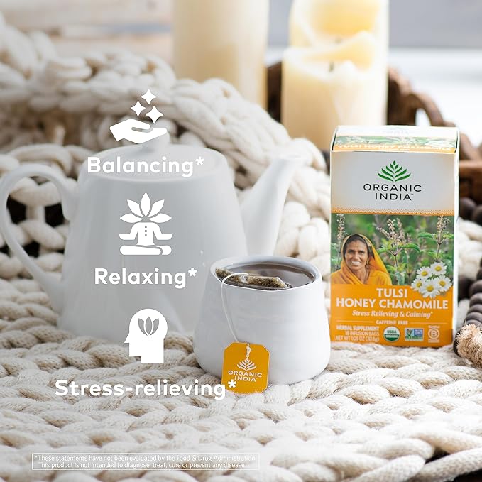 ORGANIC INDIA Tulsi Honey Chamomile Tea Bags - Herbal Tea for Stress Relieving &amp Calming USDA Certified Organic Caffeine Free - 18 Tea Bags 3 Pack