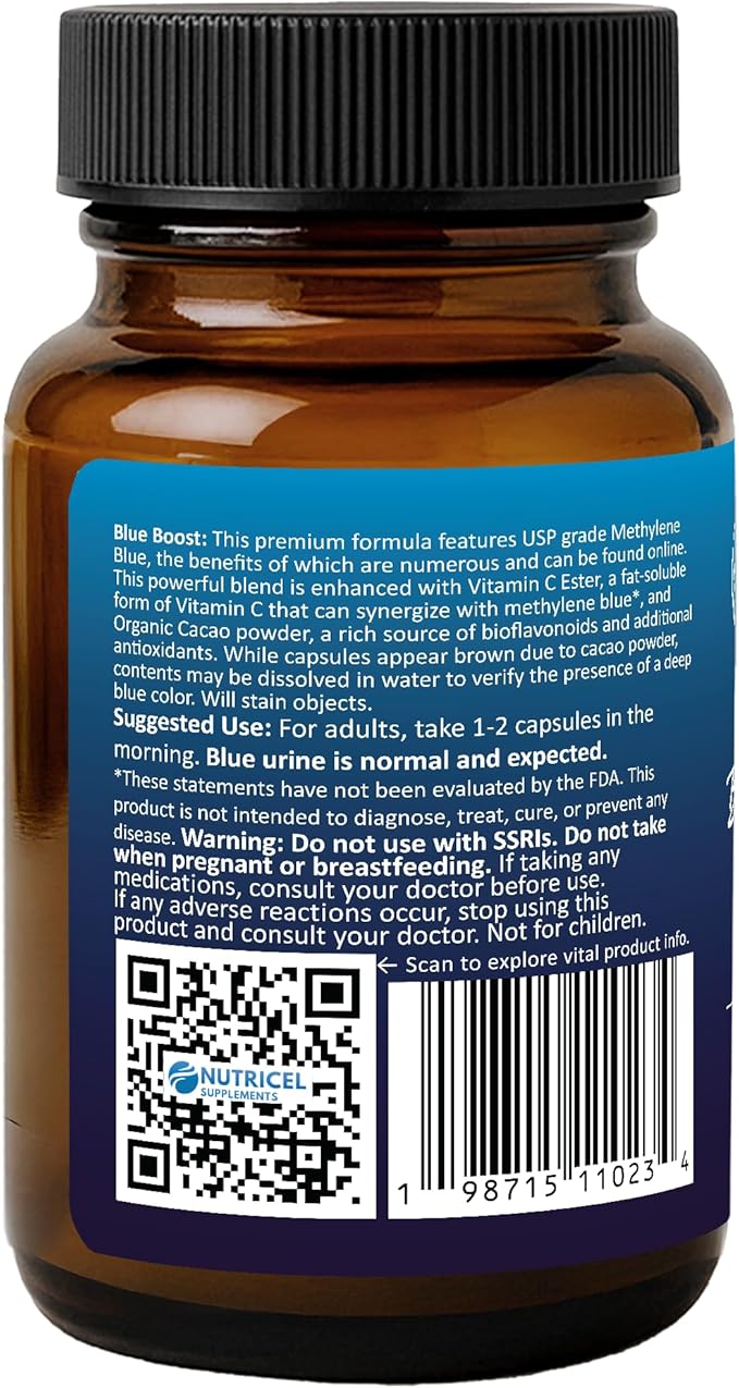 Methylene Blue Capsules - Pharmaceutical Grade Supplement - Made in America - 12mg (USP Grade) with Vitamin C Ester Enhanced Absorption - Third Party Tested (60ct)