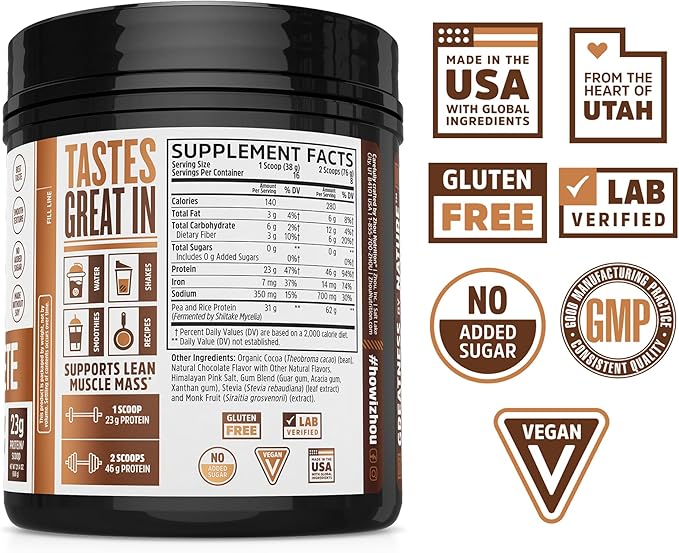 Zhou Plant Complete Vegan Protein Powder - Plant Based Protein Powder for Women &amp Men Non Dairy Rice &amp Pea Blend for Smoothies &amp Shakes 21g Protein Per Serving - Chocolate 17.7oz (16 Se
