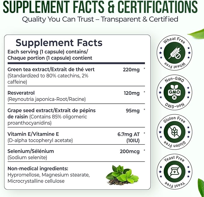 220mg Green Tea Extract Capsules 120mg Resveratrol &amp 90mg Grape Seed Extract with Viatmin E and Selenium 4 Packs of 90 Antioxidant Support Capsules Serving Size: 1 Capsule 360 Days Supply
