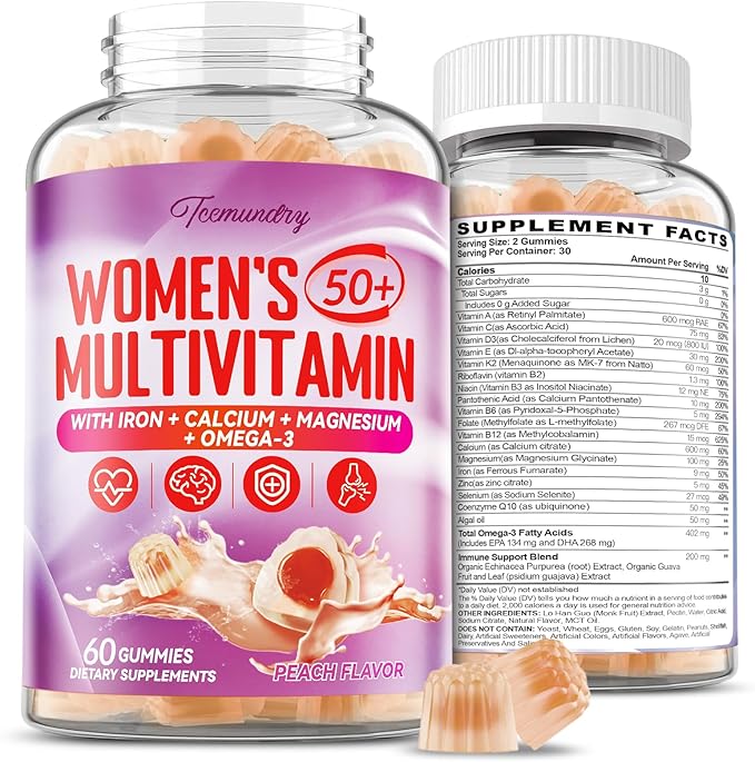 Multivitamin Gummies for Women 50 Plus - with Omega 3 Coenzyme Q10 Iron Calcium Zinc Vitamin A C D3 E K2 B Complex Folate - Multi Vitamins &amp Minerals for Energy Beauty Immune Sugar F