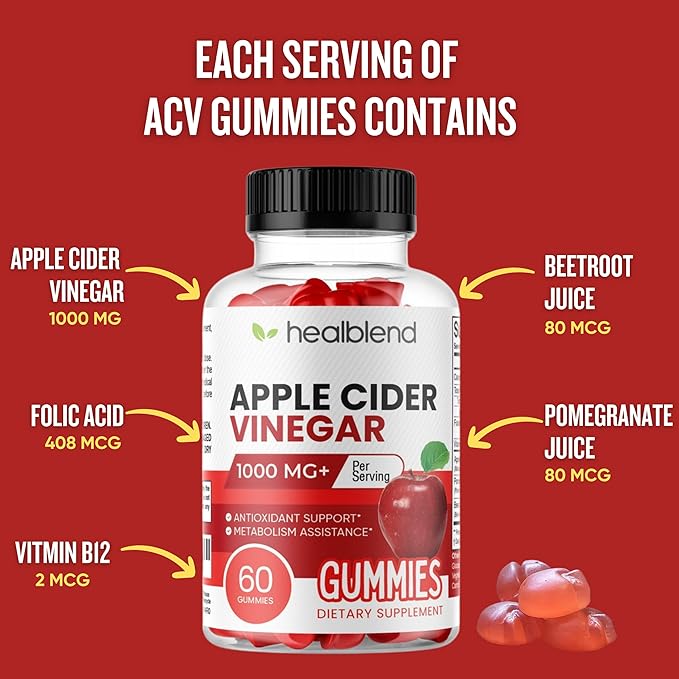 healblend Apple Cider Vinegar Gummy Vitamins 1000MG Per Serving - 180 Count- Vitamin B12 Pomegranate &amp Beet Juice Gelatin-Free Gluten-Free Vegan &amp Non-GMO (3 Pack)