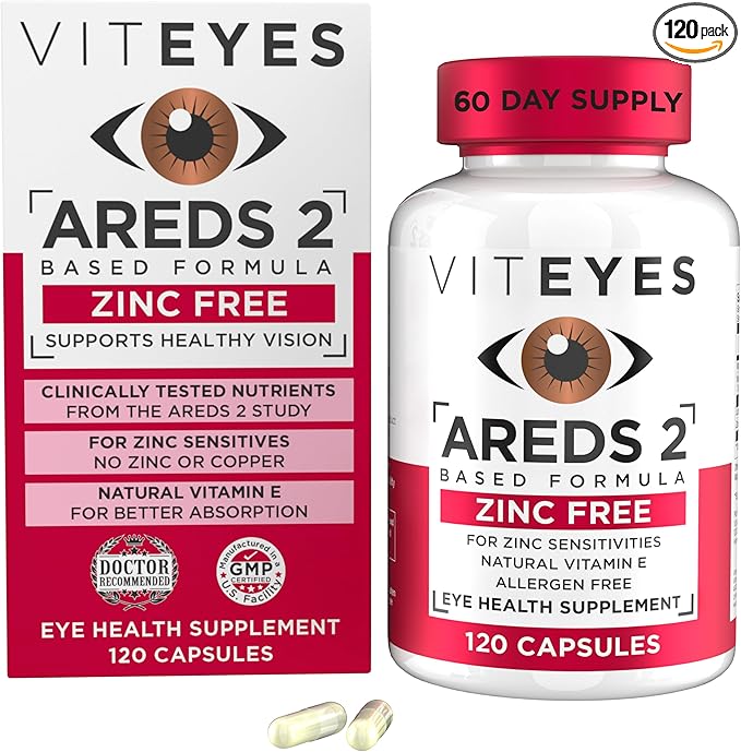 Viteyes AREDS 2 Zinc Free Macular Support Natural Allergen Free Capsules with Vitamin E Vitamin C Lutein &amp Zeaxanthin No Zinc No Copper Eye Doctor Trusted Manufactured in The USA 120 Ct
