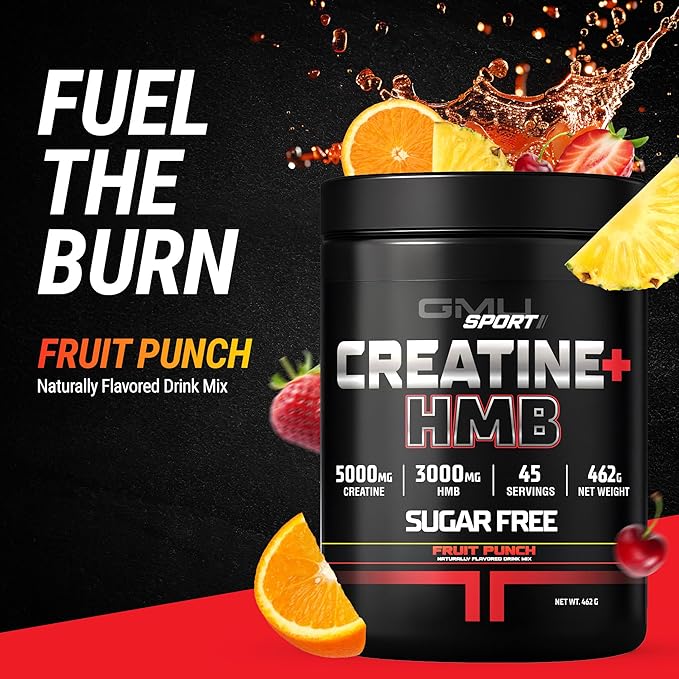 GMU SPORT - Creatine Monohydrate with HMB Powder - 45 Servings Creatine HMB Supplements Creatine with HMB for Increased Strength Muscle Growth &amp Enhanced Energy 3G HMB/Fruit Punch