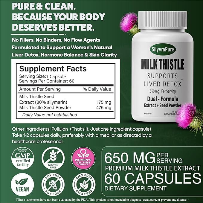 Milk Thistle for Women – Supports Liver Detox &amp Cleanse Hormone Balance &amp Skin Clarity | Dual Formula 650mg 80% Silymarin No Fillers Pullulan Capsules Non-GMO 60 Capsules