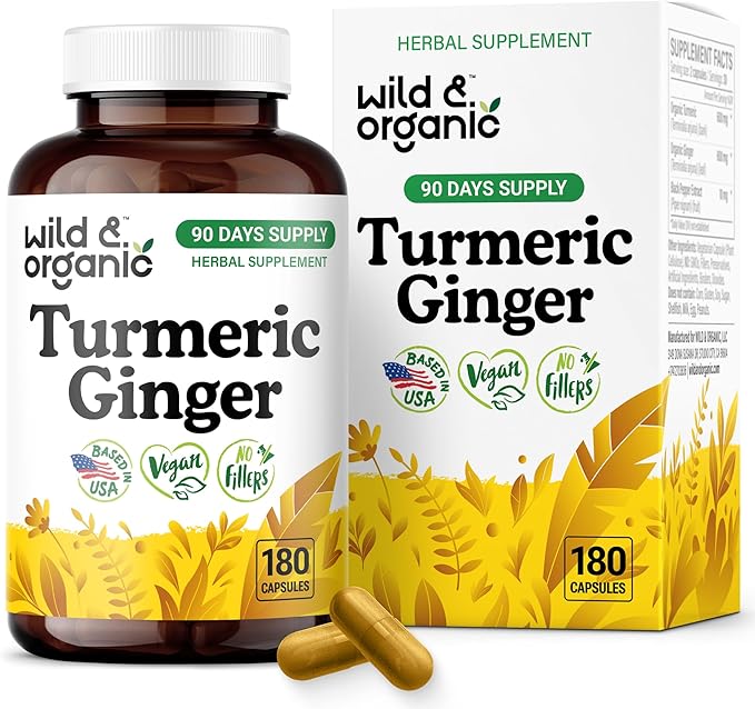 Wild &amp Organic Turmeric and Ginger Supplement Capsules - Mobility &amp Immune Support - Turmeric with Ginger and Black Pepper Capsules - 90 Days of Supply - Vegan No Fillers Non-GMO - 180 Count