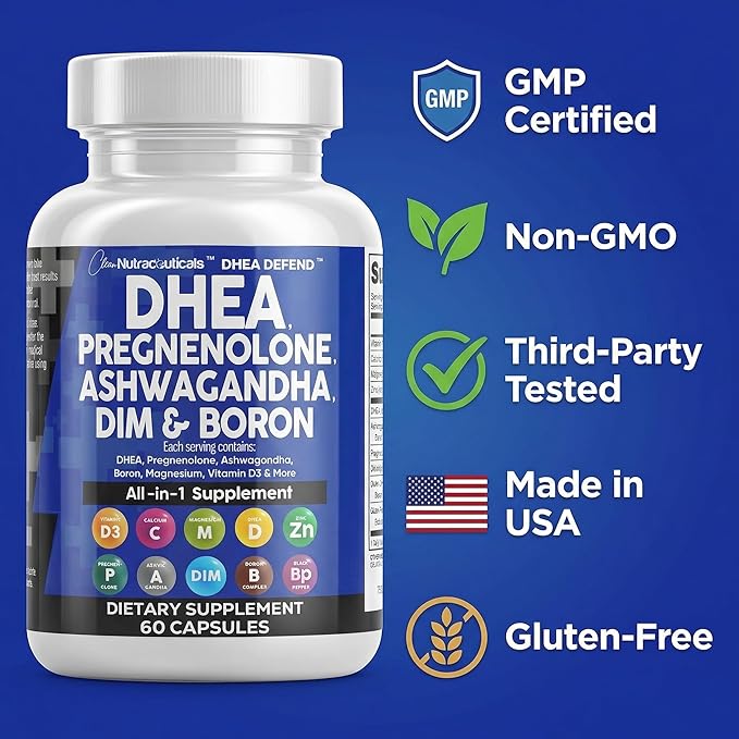 DHEA 200mg Supplement Pregnenolone 100mg for Men &amp Women with DIM Ashwagandha Boron 6mg Complex Calcium Magnesium Zinc 50mg Vitamin D3 5000 IU Hormone Support Capsules Pills Made in USA 60 Count