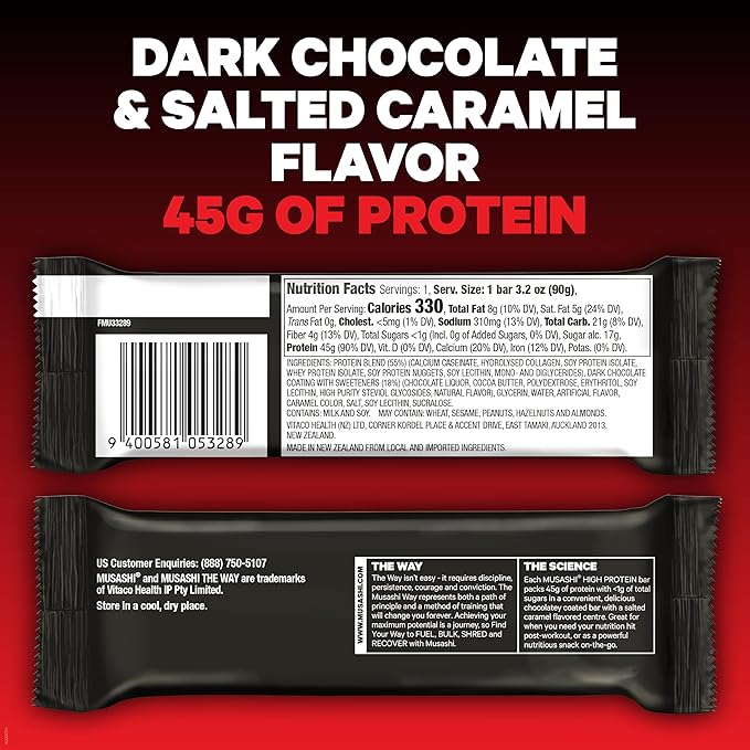 MUSASHI High Protein Bar 45g Protein &lt1g Total Sugars Dark Chocolate &amp Salted Caramel Post Workout and Protein Snack On The Go 12 Pack of 3.2oz (90g) Bars