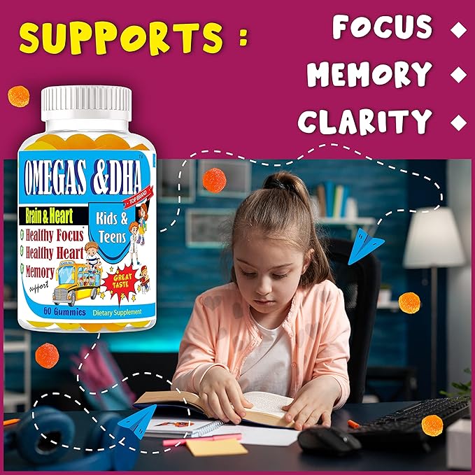 Kids Omega 3 Gummies with DHA &amp EPA – Omega 3 Supplement for Kids &amp Teens Supports Brain Focus &amp Memory Eye Health Great Taste Non-GMO 60 Count