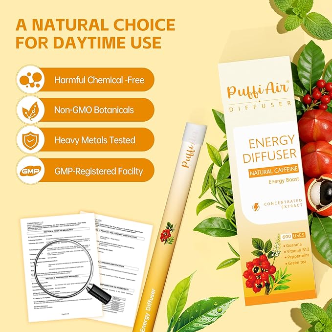 Herbal Diffuser Pen Energy Diffuser with Guarana Green Tea Extract VB12 Peppermint &amp Menthol for Energy Boost All Natural Swap - 600 Uses 2 Diffusers 1 Pack