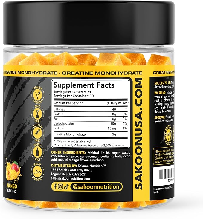 Creatine Gummies 5000mg – Vegan - Muscle Builder – Strength &amp Energy Support – 120 Count – Mango Flavor – Creatine Monohydrate Supplement for Men &amp Women
