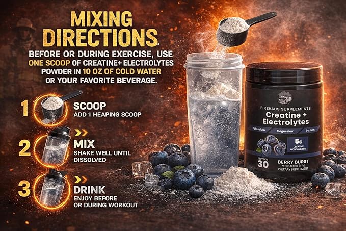 Creatine + Electrolytes 5g Creatine Monohydrate with Potassium Magnesium and Sodium for Strength Hydration and Recovery Support Berry Burst Flavor 30 Servings