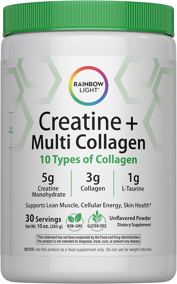 Rainbow Light Creatine + Multi Collagen | 10 Ounce | 5g Creatine Monohydrate Plus 10 Types of Collagen | Supports Lean Muscle Cellular Energy &amp Skin Health | Unflavored Powder