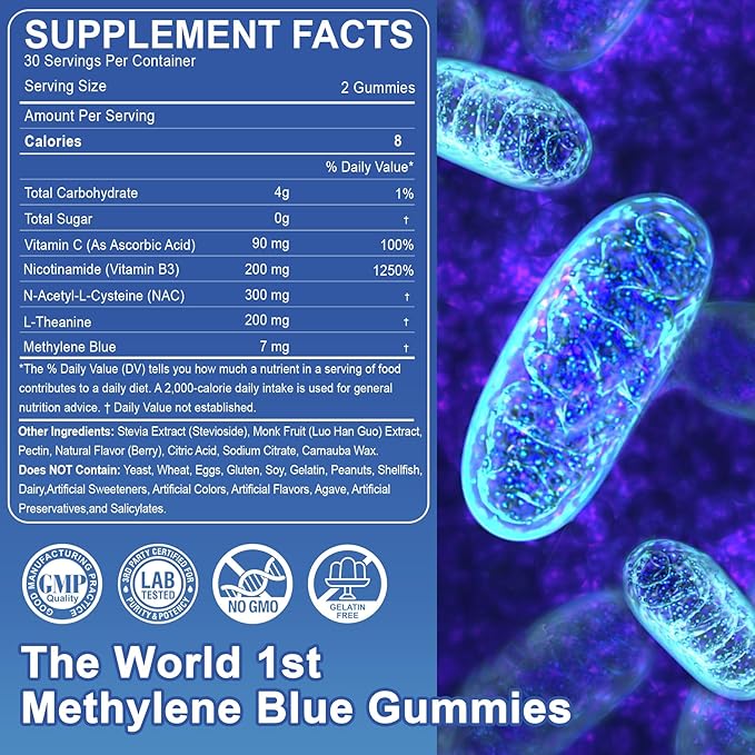 Methylene Blue Gummies for Humans | Upgraded High-Potency Antioxidant &amp Brain Booster Supplement for Cognitive Energy Cellular&amp Mitochondrial Health | Fast-Absorbing Vegan 120 Counts