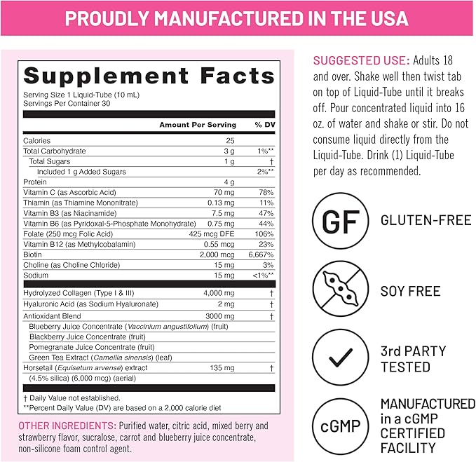 NatureWise Hydrolyzed Liquid Collagen for Women &amp Men 4000mg - High Absorption Type 1 &amp 3 Peptides with Biotin + Vitamin C + Vitamin B Complex &amp Hyaluronic Acid -Mixed Berry - 30 Tubes[30
