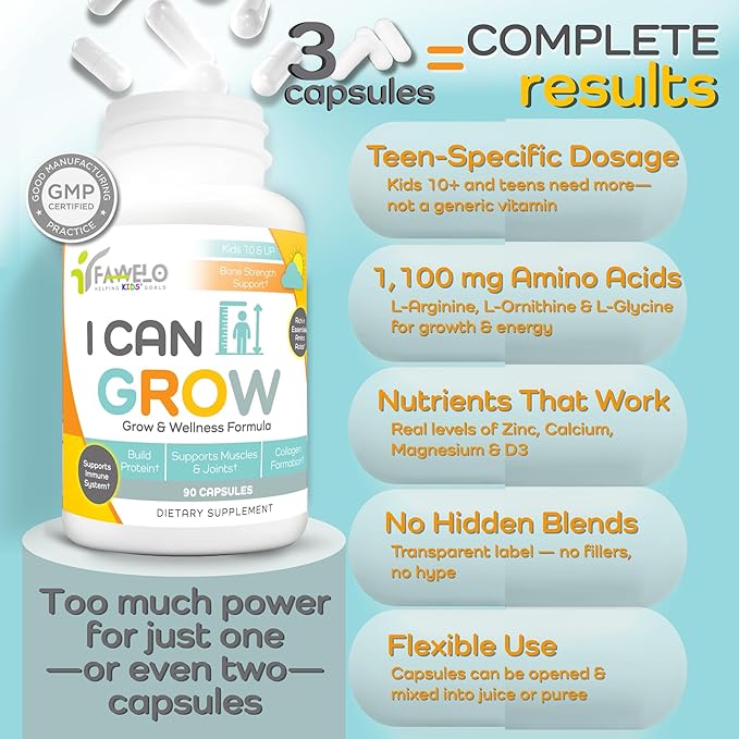I Can Grow Day-Time for Kids 10+ &amp Teens | Growth &amp Development Support with L-Arginine Colostrum Calcium D3 Magnesium Zinc | Bone Strength Focus | 90 Capsules