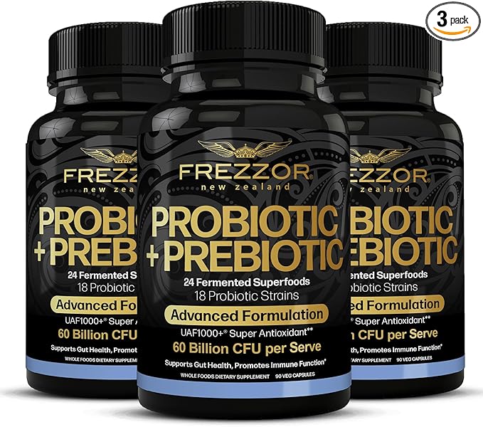 FREZZOR Probiotic + Prebiotic Capsules Once Daily 60 Billion CFUs Digestive Health for Men and Women 18 Strains Shelf Stable With Fermented Wholefoods Prebiotic &amp Fibre 270 caps 3 Month Su