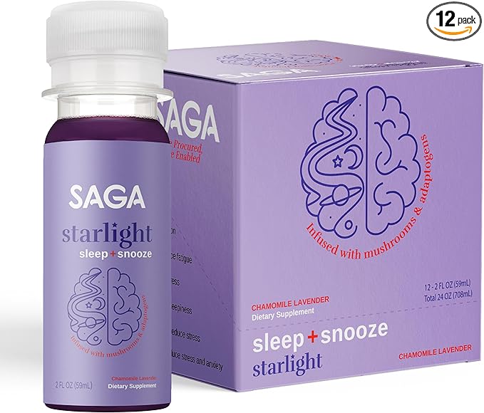 SAGA Starlight Organic Sleep Shots – Natural Sleep Aid with Melatonin Reishi Valerian Root Ashwagandha Chamomile – Sugar-Free Vegan Zero Calories Plant-Based Sleep Support Travel Size (2Fl Oz)