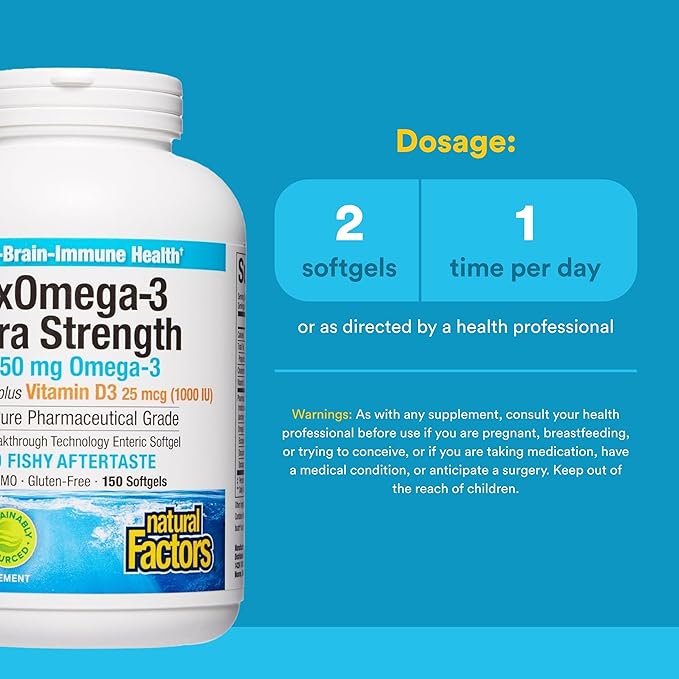 Natural Factors RxOmega-3 Ultra Strength - Brain &amp Heart Health Support - Eye Health Supplement with EPA &amp DHA - Supplement with Omega-3 Fatty Acids &amp Vitamin D3-150 Softgels (75 Servings)