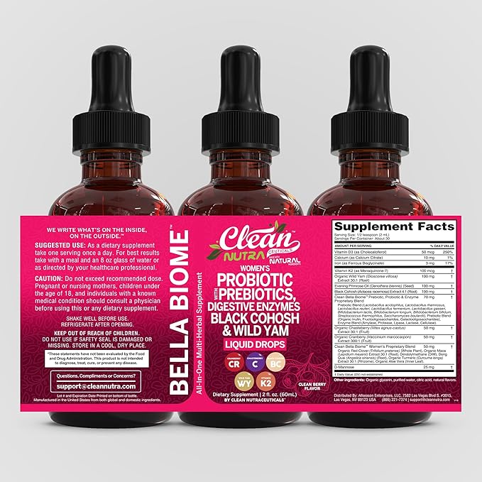 Liquid Probiotics for Women Drops with Chasteberry Black Cohosh Prebiotics Digestive Enzymes Evening Primrose Oil Wild Yam Cranberry Dmannose and Iron Vitamin D3 K2 Clean Nutra Bella Biotics (2)