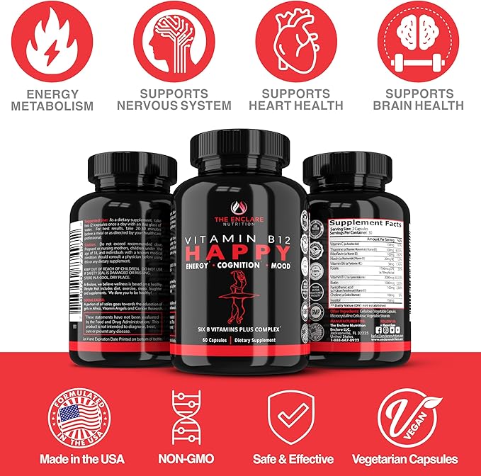 THE ENCLARE NUTRITION Vitamin B12 - Vitamin B Complex with Vitamin C Biotin Inositol Folic Acid B Vitamins B1 B2 B3 B4 B5 B6 B7 B8 B9. Brain Heart Immune Support Energy Supplements (1)