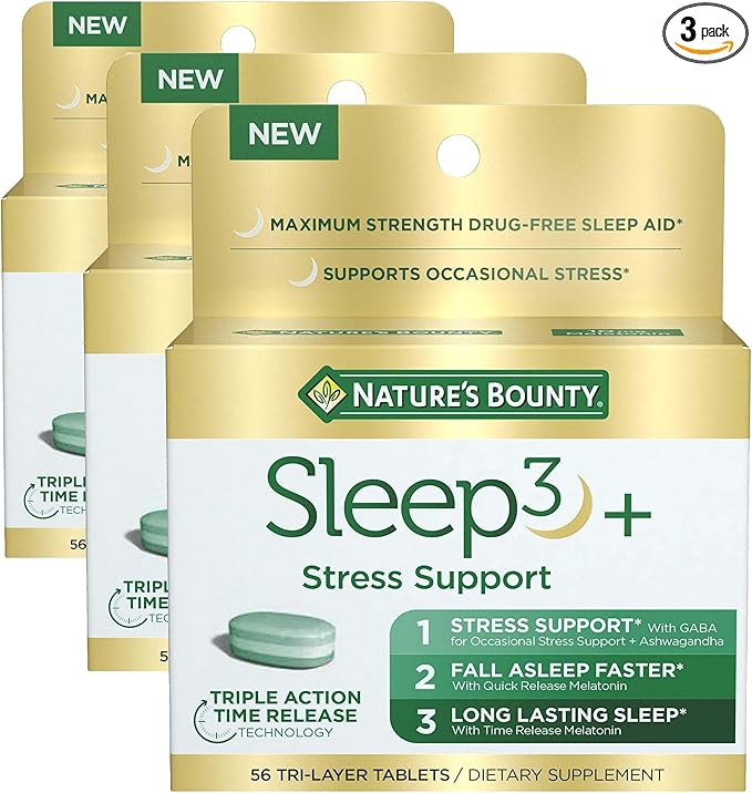 Nature's Bounty Stress Support Plus Melatonin Sleep3 Maximum Strength 100% Drug Free Sleep Aid Dietary Supplement with Ashwagandha Time Release Technology 10mg 56 Tri-Layered Tablets (Pack of 3)