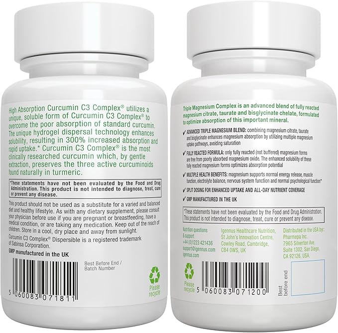 Triple Magnesium Complex + High Absorption Curcumin C3 Complex Vegan Bundle High Absorption Chelated Glycinate Taurate &amp Citrate Magnesium + 300% Greater Absorption Curcuminoids with Rapid Upta