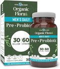 Vital Planet - Organic Flora Probiotics for Men Men's Daily Shelf Stable Probiotic 30 Billion CFU 60 Diverse Strains Prebiotic Organic Mushroom Blend Immune and Digestive Health 30 Capsules